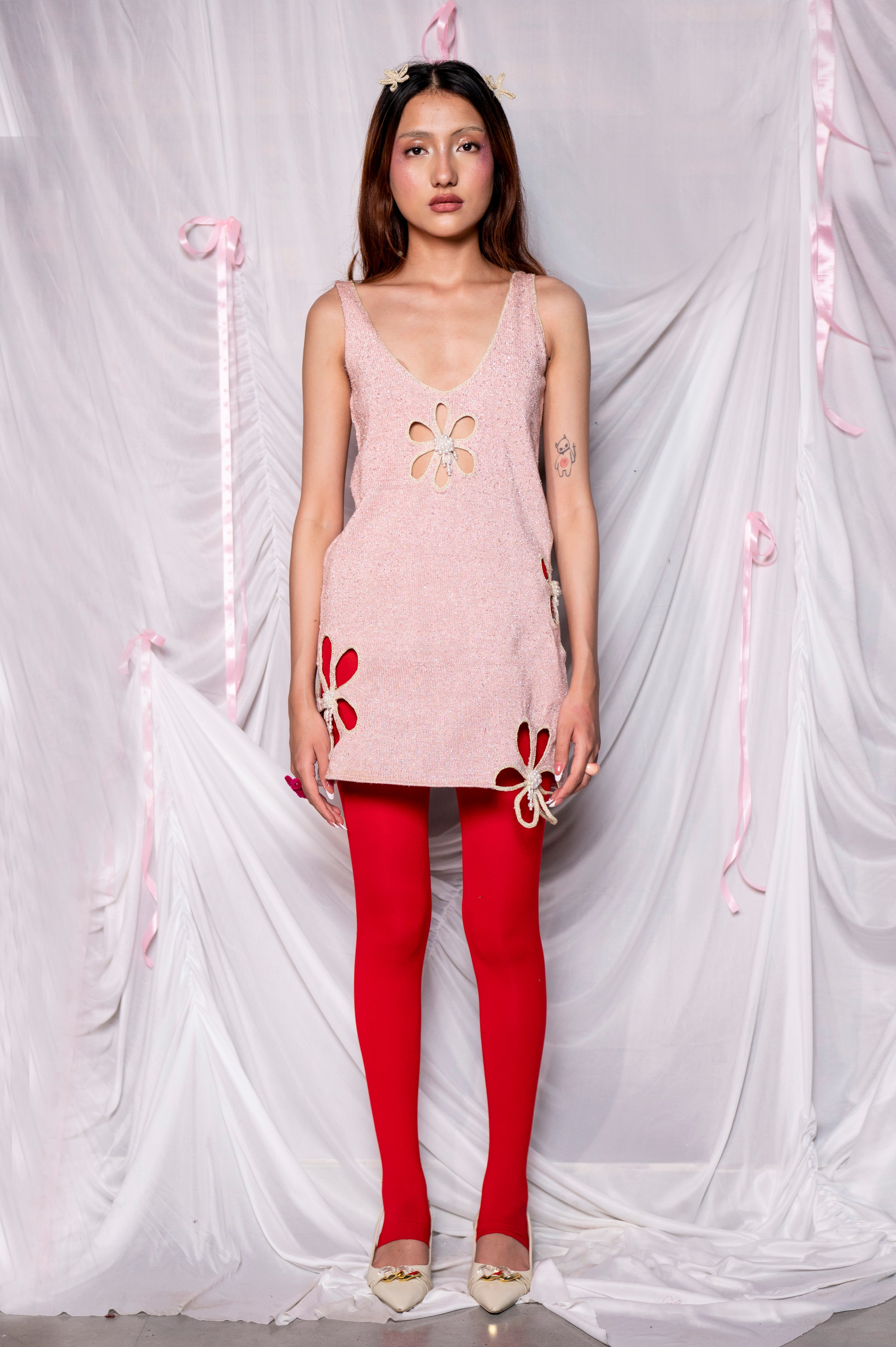 I'M TOO GIRLY- SHIMMERY KNIT CUTOUT DRESS WITH PEARLS