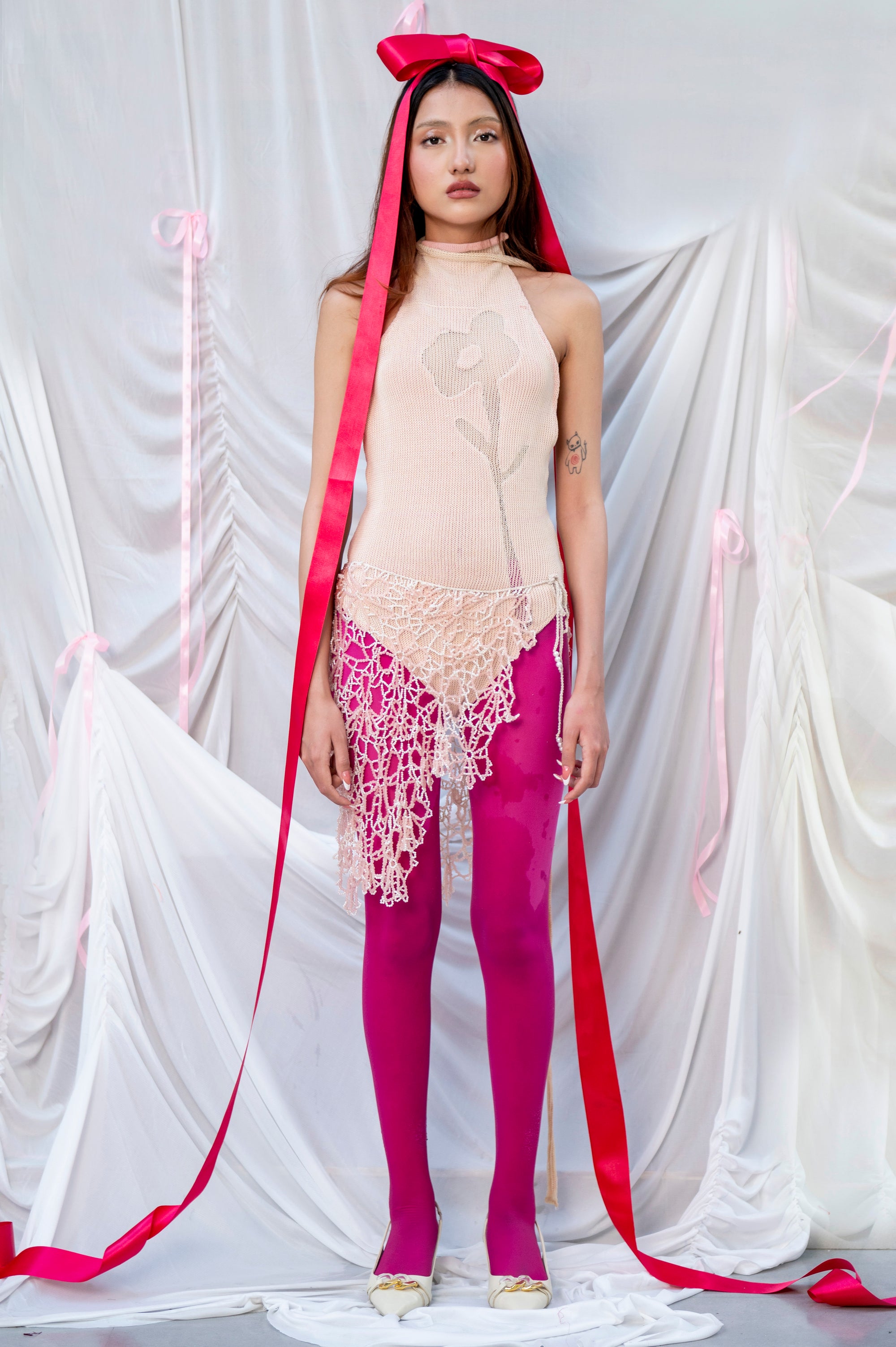I'M TOO MYSTERIOUS- LAYERED KNIT BODYSUIT WITH DRAPED SCARF
