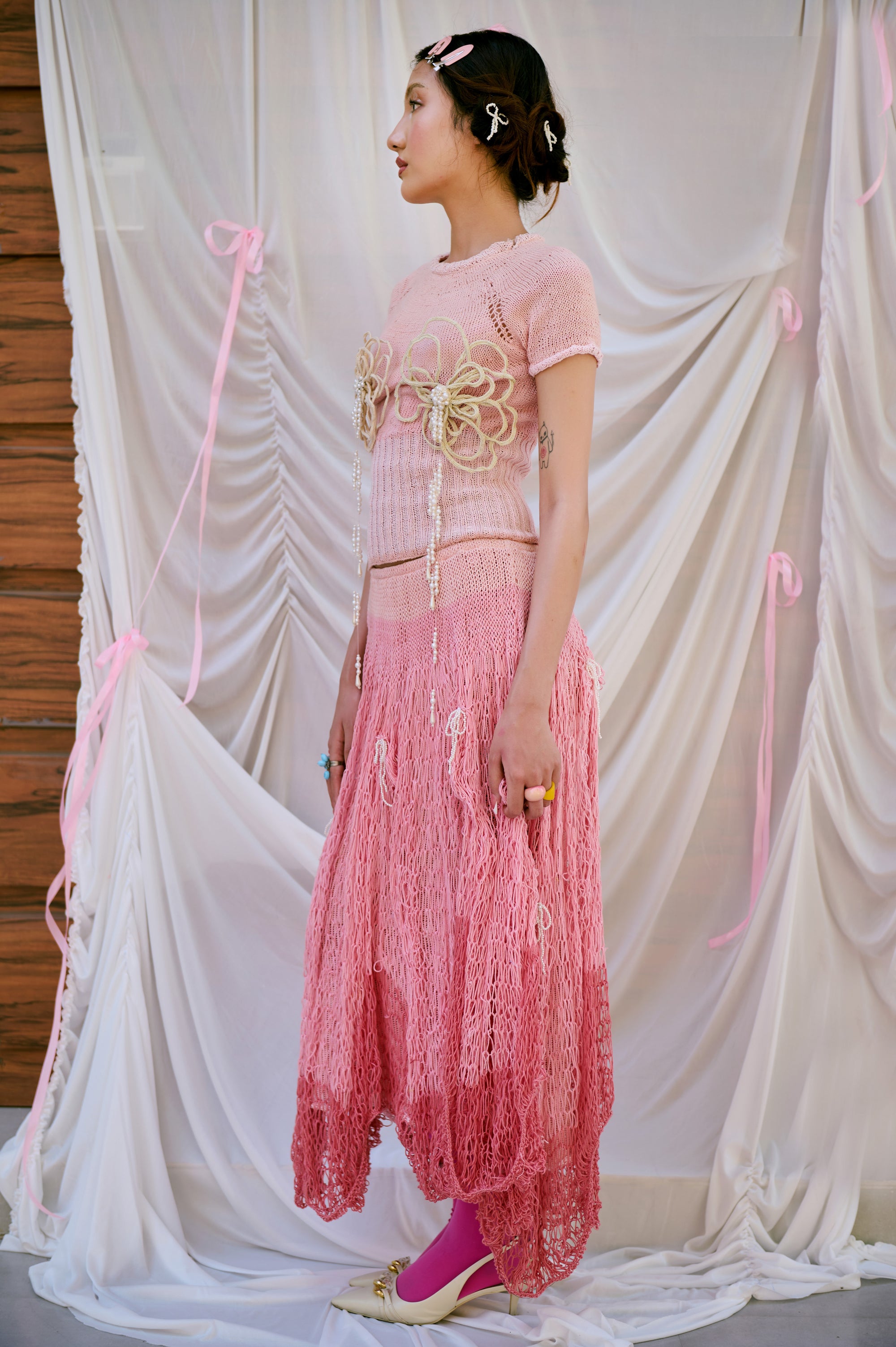 I'M A DRAMA QUEEN - HANDKNITTED MESH OMBRE SKIRT WITH PEARL BOWS