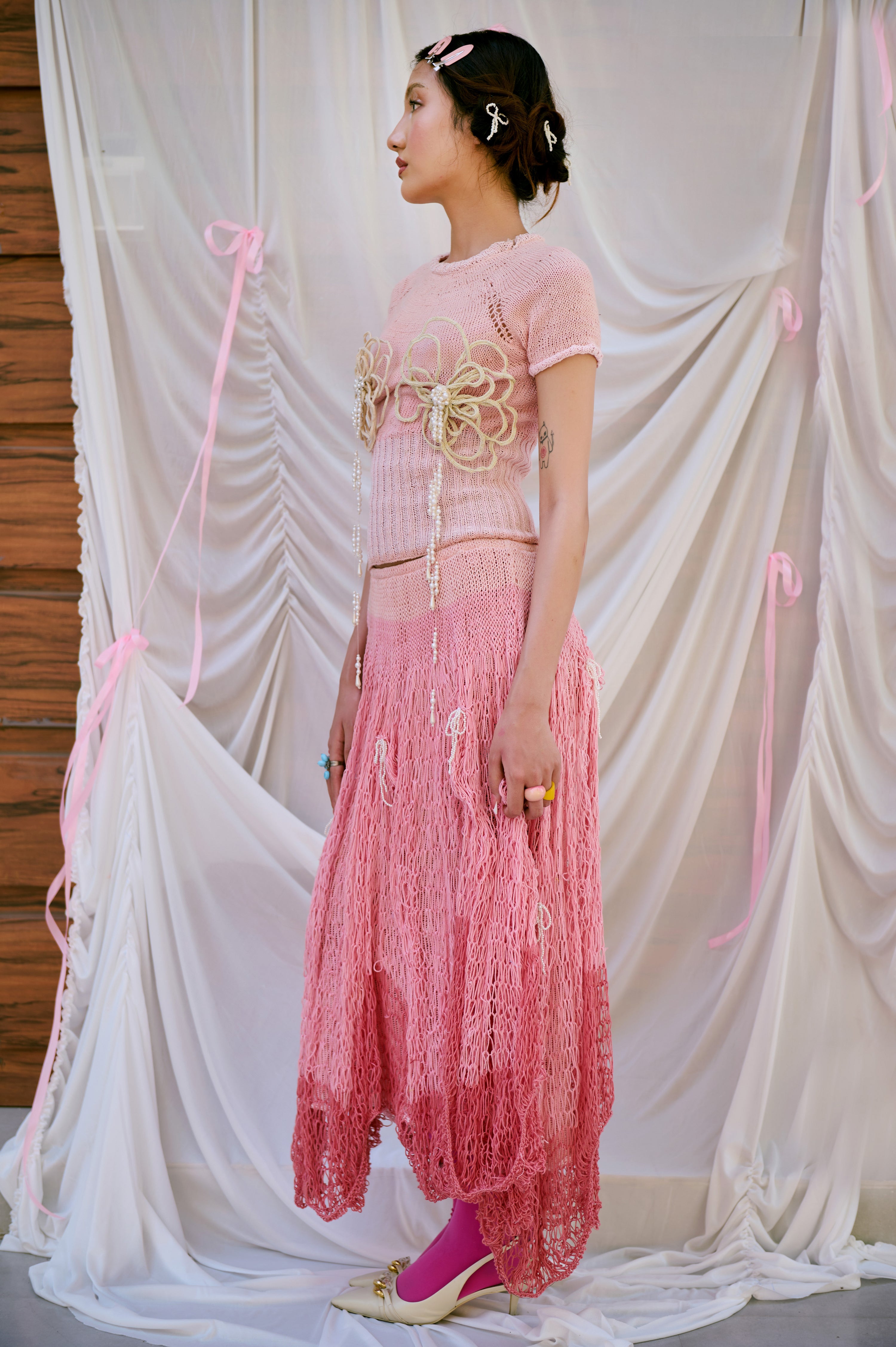 I'M A DRAMA QUEEN - HANDKNITTED MESH OMBRE SKIRT WITH PEARL BOWS